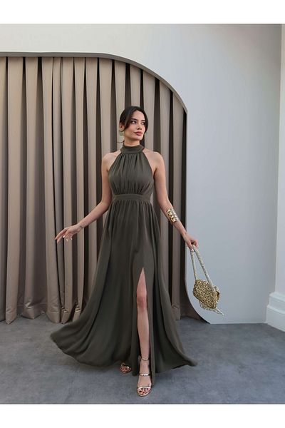 ESRAHELVACI Halter Collar Slit Loose Long Dress