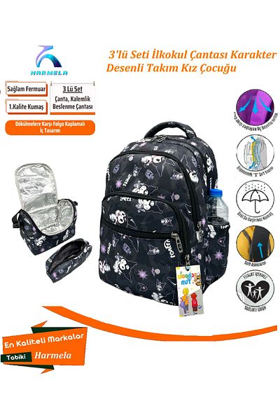 Bevitton Black Primary School Bag for Girl - Set of 3 with Character Pattern