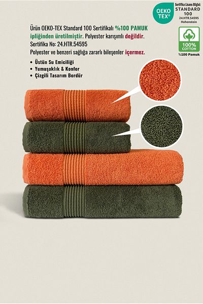 Ellaline 4-Piece Bath Towel Set 100% Cotton Certified Body and Head |   Dowry Box 50X90 - 70X140 Green Orange