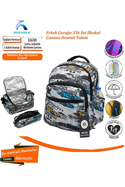 Bevitton Boy's Gray Primary School Bag - Set of 3 Car Patterned