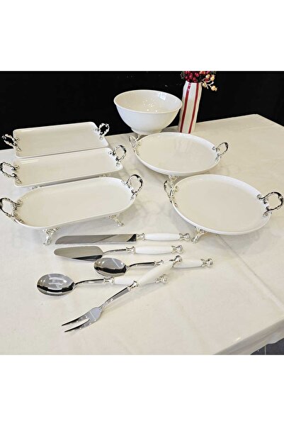 MaviDamla Footed Porcelain Presentation and Serving Set with Handles 11 Pieces Silver