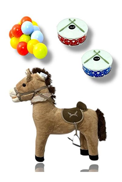 SAZE Sesli Sallanan At 65 Cm Kahverengi Kücük Sevimli Davul 20 Adet Top Hediyemızdir