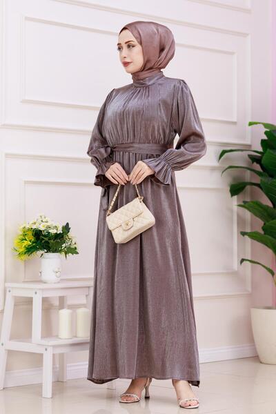 Sevitli Kolu Volanlı Simli Alya Abiye-Kahverengi