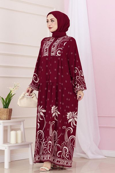 Sevitli Half Button Robe Nisan Dress-Burgundy