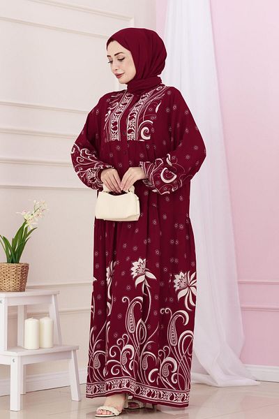 Sevitli Half Button Robe Nisan Dress-Burgundy
