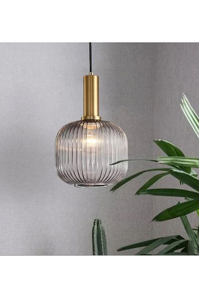 ASR Gray Smoke Color Self-Striped Patterned Quadrilateral Shaped Glass Pendant Lighting with Gold Accessories