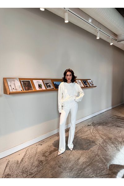 SANX Women's White Textured Long Sleeve Pants Suit Loose Wide Leg High Waist Daily Casual