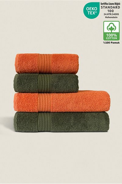 Ellaline 4-Piece Bath Towel Set 100% Cotton Certified Body and Head |   Dowry Box 50X90 - 70X140 Green Orange