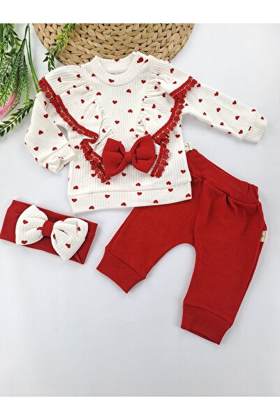 Butik Kız Bebek Üçlü Takım Pantolon Dantel İşlemeli Badi Bandana % 100 Pamuk Premium Kalite