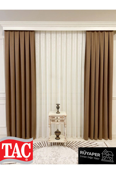 Taç Dreamper Brown Linen Blackout Blackout Hotel Style Background Curtain with Tight Pleats (Single Wing)