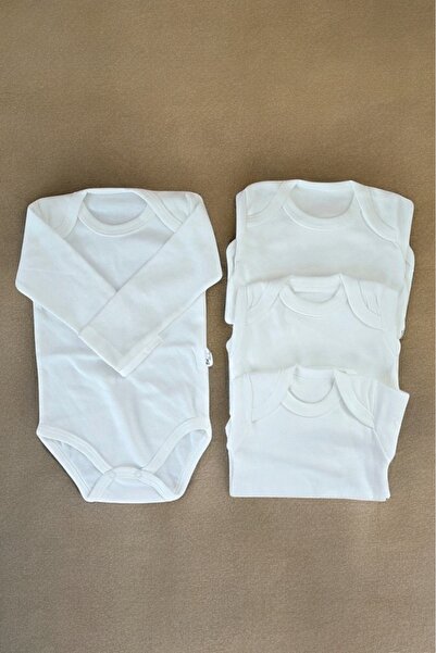 Lui Baby 4'lü Ekonomik Paket %100 Pamuk Çıtçıtlı Bebek Body Zıbın Uzun Kol 3/6/9/12 Ay Beyaz Renk