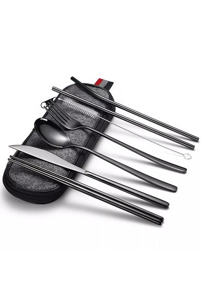 valkyrie Journey Cutlery Set with Bag: 8 Pieces Knife Spoon Straw Chopstick, Office Holiday Rusty