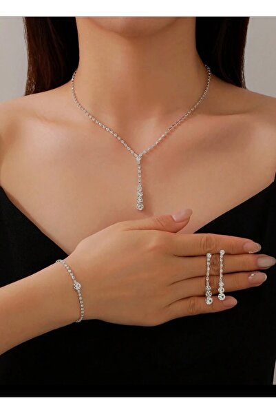 Renkada Gümüş Kaplama Damla Kolye , Küpe ve Bileklik 3’lü Set Davet Düğün Niş...