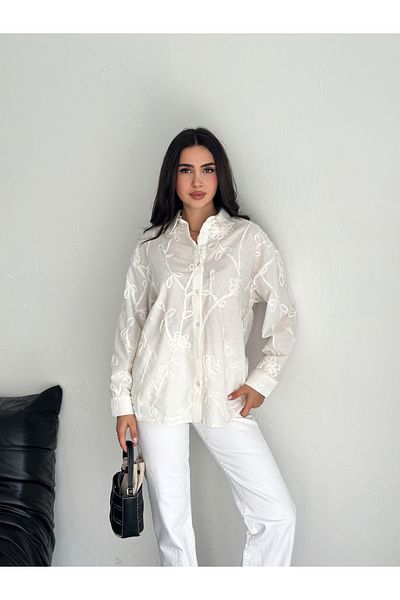 sportiness Embroidered Flowers Raw Linen Shirt