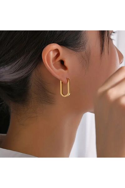 VİBES Stainless Cornered U Shaped Gold Steel Earrings