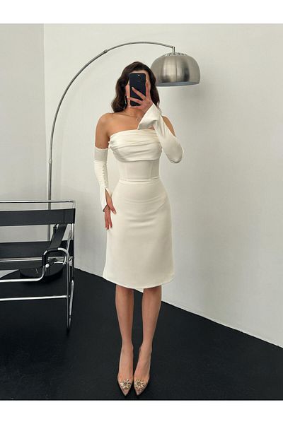 Serica Moda White Satin Sleeve Detailed Midi Evening Dress