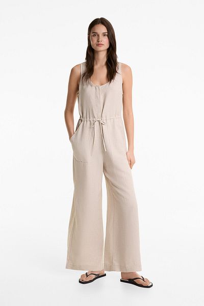 Oysho 100% linen long jumpsuit with waist detail