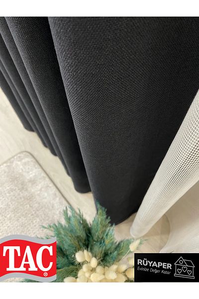 Taç Dreamer Black Color Linen Blackout Blackout Hotel Style Background Curtain with Tight Pleats (Single Wing)