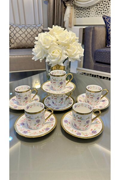 ROY KING Royking 6 Kişilik Porselen Çiçekli Kahve Fincan Takımı Seti