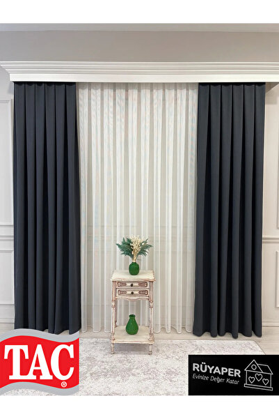 Taç Rüyaper Μαύρο Χρώμα Λινό Blackout Κουρτίνα φόντου σε στυλ ξενοδοχείου Συντομότερη πτυχωτή (μονό φτερό)