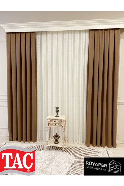 Taç Dreamper Brown Linen Blackout Blackout Hotel Style Background Curtain with Tight Pleats (Single Wing)