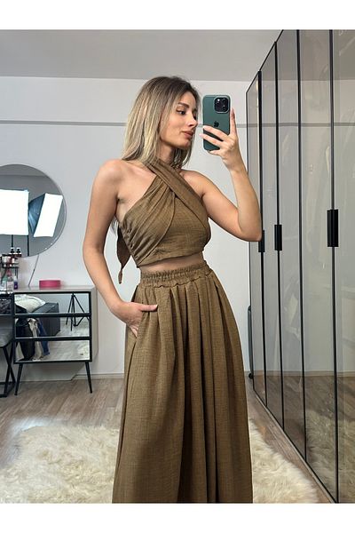 NET OF NOT Kahlan Brown Elastic Waist Raw Linen Fabric Skirt Blouse Set