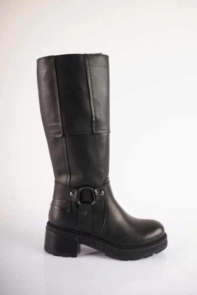 SU SHOE BOUTIQUE NO62 Siyah Hakiki Deri Çift Tokalı Biker Çizme