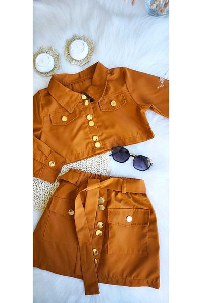 eladamoda Cinnamon Color Gold Button Detailed Girls' Skirt Jacket Set (Imported)