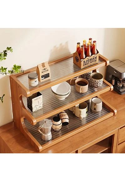 DDF 3-Tier Bamboo Kitchen Rack-Space-Saving Storage Rack for Mugs,Cups,Essentials,Multipurpose Organizer