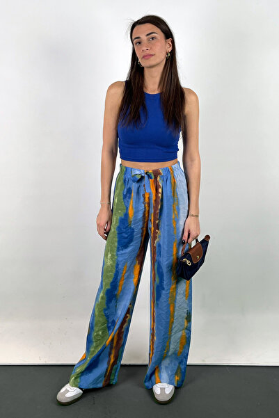 Love The Wind Pantaloni Palazzo drapați din poliamidă și viscoză cu model degradat albastru