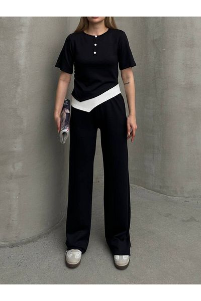 sportiness Asymmetric Top Zero Collar Button Detail Wide Leg Modal Fabric Tracksuit Set