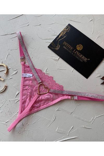 İntive Lingerie Passione Shiny Stripe Detailed Pink/Black Flexible Back Heart Accessory Detailed String