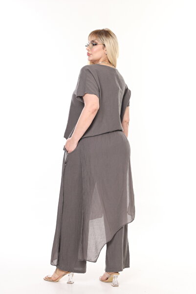 MJORA طقم بلوزة وبنطلون كتان إيطالي مقاس كبير