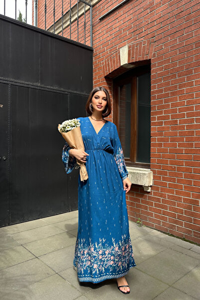 Mezka Anvelop Yaka Desenli Yazlık Viskon Elbise Mavi Desenli