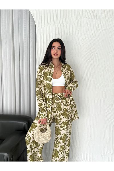 sportiness Elastic Waist Patterned Modal Fabric Wide Leg Shirt Suit