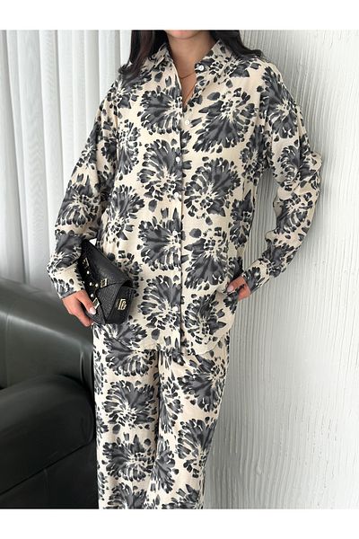 sportiness Elastic Waist Patterned Modal Fabric Wide Leg Shirt Suit