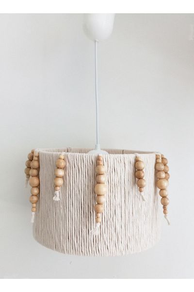 C&A&B KUZEY AVİZE Ecru Macrame Rope Wrapped Cylinder Wooden Beaded Design Pendant Lamp Chandelier