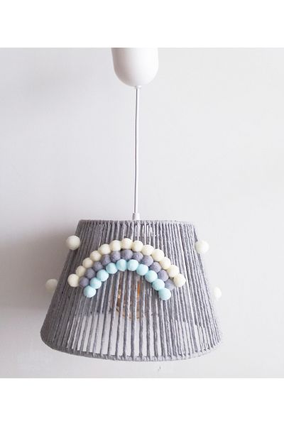 C&A&B KUZEY AVİZE Gray Macrame Rope Wrap Ecru-gray-blue Pompom Rainbow Baby Boy and Children's Room Pendant Lamp Chandelier