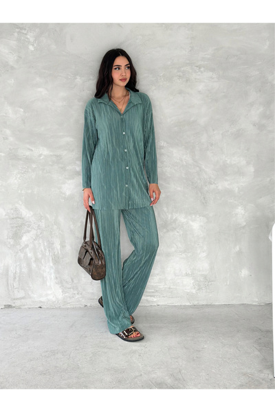 sportiness ПЛІСИРОВАНА ТКАНИНА ЕЛАСТИЧНИЙ ПОЯС ЗРУЧНИЙ КРІЙ ШИРОКІ ШТАНИ СОРОЧКА КОСТЮМ