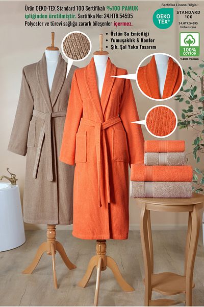 Ellaline 6 Piece Striped Bathrobe Set 100% Cotton Certified, Şalyaka Family Dowry Bathrobe Set Brown Orange