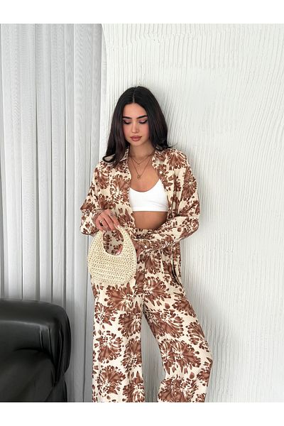 sportiness Elastic Waist Patterned Modal Fabric Wide Leg Shirt Suit