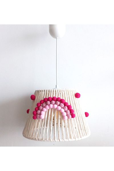 C&A&B KUZEY AVİZE Ecru Macrame String Wrap Fuchsia-pink Pompom Rainbow Applique Baby Girl and Children's Room Pendant Lamp Chandelier