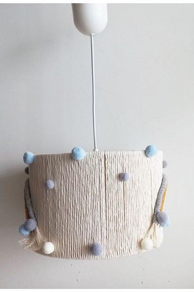 C&A&B KUZEY AVİZE Ecru Macrame Rope Wrapped Colorful Rainbow Gray-blue Pompom Baby Kids Room Pendant Lamp Chandelier (25)