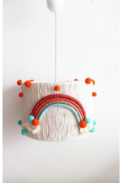 C&A&B KUZEY AVİZE Ecru Macrame Rainbow - Rope Wrapped, Colorful, Mint-Orange Pompom, Baby Kids Room Pendant Chandelier (26)