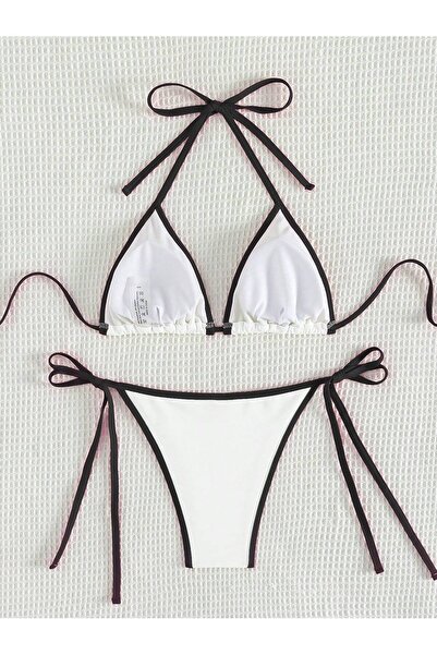 WEEST MODA Λευκό μπικίνι Halter με λεπτομέρεια με κυματιστή άκρη και λουράκια, μπικίνι δύο τεμαχίων