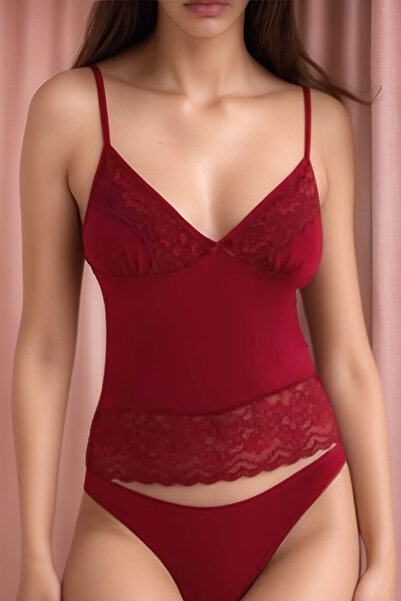 Soweto طقم سراويل داخلية نسائية من القطن الممشط والدانتيل باللون العنابي - sw...