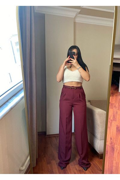 MODA Women's Premium Wide Leg Dark Claret Red Palazzo Fabric Trousers