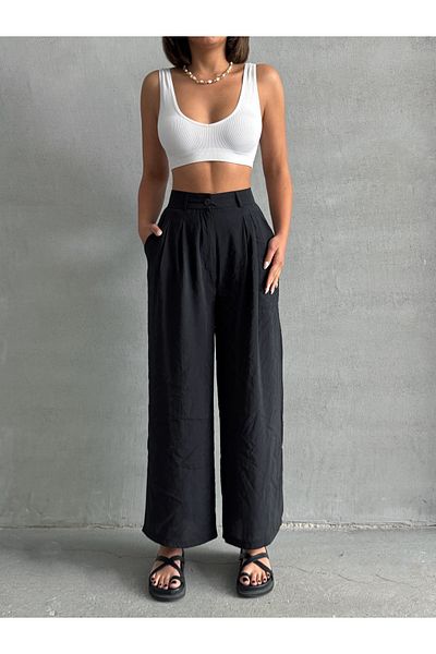 BEJNA Schwarze, modale Sommer-Palazzo-Hose für Damen
