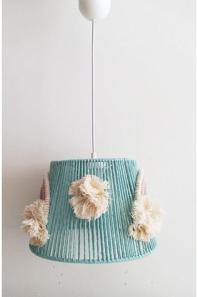 C&A&B KUZEY AVİZE Rainbow Patterned Mint Macrame Rope Wrap - Handmade with Pompom, Chandelier for Baby Girl and Children's Room (27)