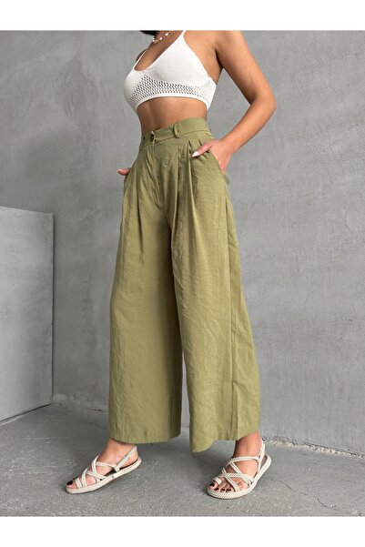 BEJNA Women's Summer Pleated Palazzo Trousers Containing Oil Green Modal
